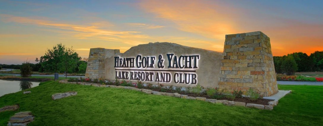 Heath Golf & Yacht Lake Resort and Club entrance sign at sunset in Heath, Texas