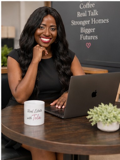 Tola at her desk with a laptop and her Real Estate With Tola mug