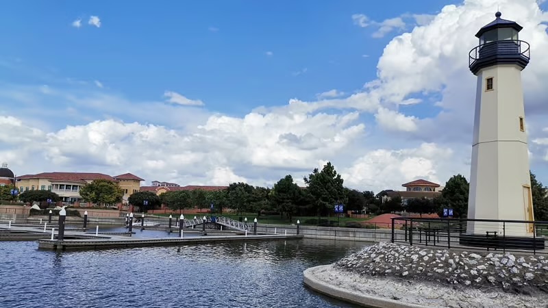 The Harbor in Rockwall, Texas, with its lighthouse and waterfront boardwalk on Lake Ray Hubbard