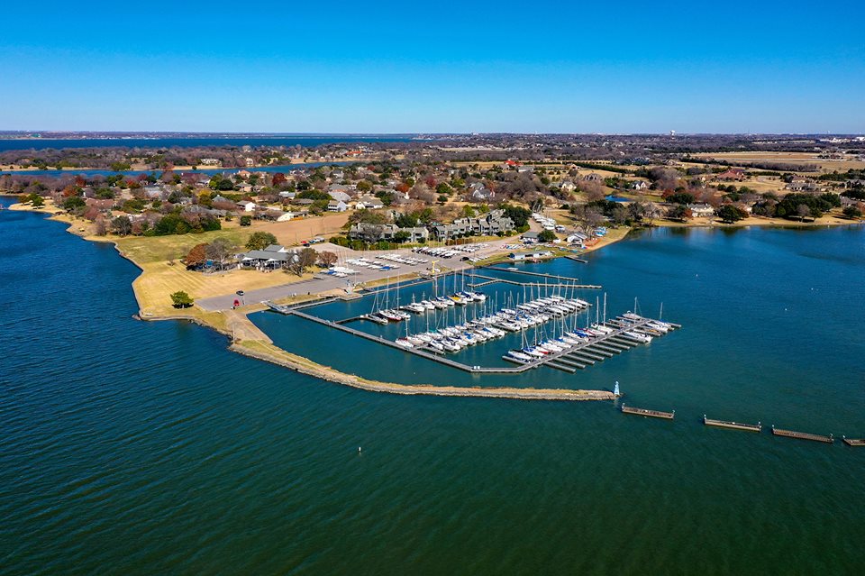 Aerial view of the marina and sailboats on Lake Ray Hubbard near Heath, Texas