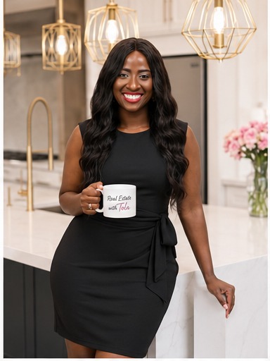 Tola holding her branded mug in a modern kitchen